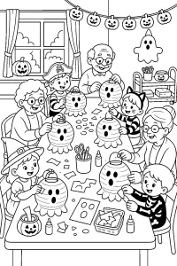 Bambini e nonni creano lanterne fantasma disegno da colorare PDF gratis