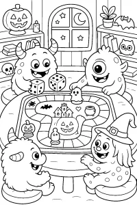 Monstres jouant à un jeu de Halloween dessin à colorier PDF gratuit