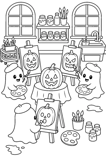 Three ghosts paint Halloween pumpkins on easels in an art classroom.