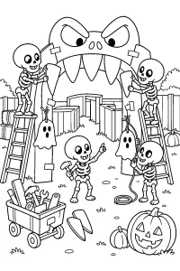 Scheletri costruiscono un ingresso mostruoso disegno da colorare PDF gratis