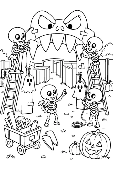 Des squelettes construisent une grande entrée en forme de monstre avec des échelles, des fantômes suspendus, des outils et des citrouilles.