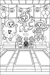 Festa di Halloween sui trampolini disegno da colorare PDF gratis