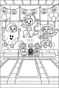 Festa di Halloween sui trampolini disegno da colorare PDF gratis