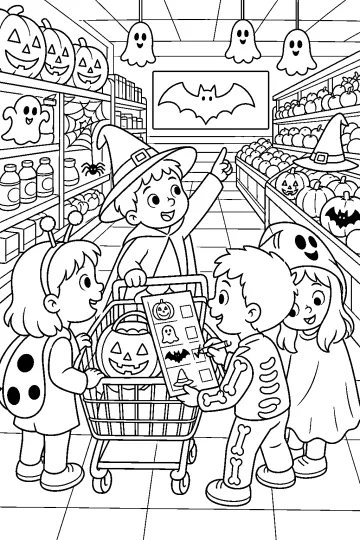 Niños disfrazados con carrito y tarjeta de Halloween en un supermercado decorado con calabazas y fantasmas