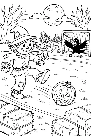 Spaventapasseri gioca a calcio con zucca