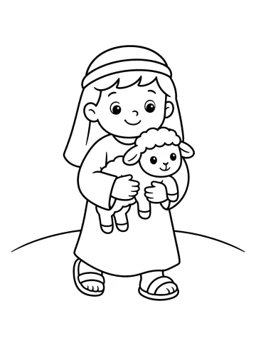 Coloriage d'un jeune berger portant un agneau dans ses bras