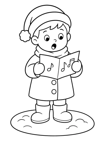 Bambino con berretto a pompon e sciarpa che canta leggendo uno spartito con note musicali