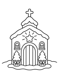 Chiesetta di Natale con stella e alberelli disegno da colorare PDF gratis