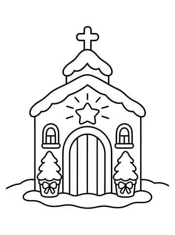 Disegno da colorare di una chiesetta natalizia con croce, tetto innevato, stella, portone e alberelli in vaso.