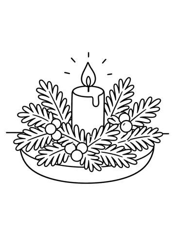 Christmas centerpiece with a lit candle, evergreen branches and round berries on a plate