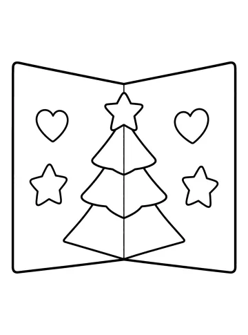 Open pop-upkaart met kerstboom in het midden, sterren en hartjes