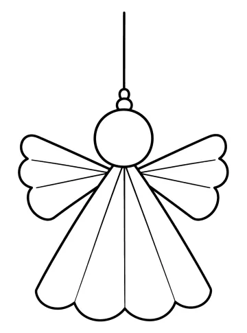 Disegno da colorare di un angelo di Natale appeso a un filo con grandi ali e lunga veste