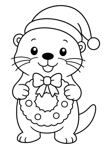 Nutria sonriente con gorro navideño sosteniendo una corona con lazo