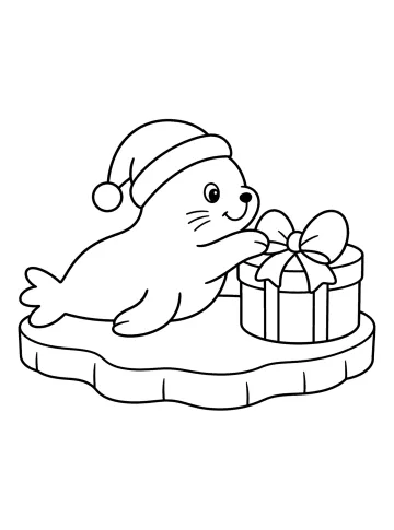 Foca con gorro de pompón junto a un regalo con lazo sobre un bloque de hielo