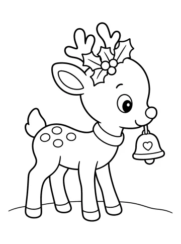 Coloriage d'un renne avec des bois, des feuilles de houx et une clochette au cou