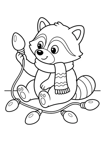 Mapache sentado con bufanda que sostiene una bombilla grande junto a una guirnalda de luces en el suelo.