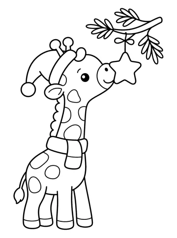 Girafe avec une écharpe atteignant une étoile suspendue à une branche