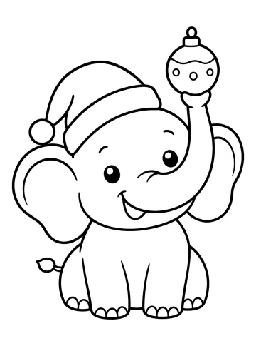 Fröhlicher kleiner Elefant mit Weihnachtsmütze, der eine Kugel mit dem Rüssel hochhebt
