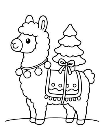 Llama navideña con arbolito en el lomo, lazo, manta y pompones