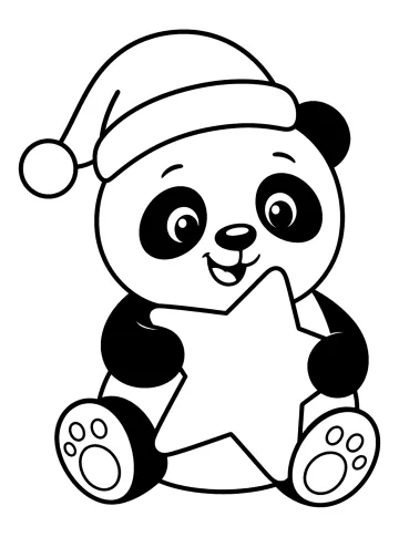 Coloriage d'un panda assis avec un bonnet de Père Noël et un pompon