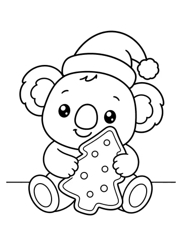 Koala sentado con gorro navideño sosteniendo una galleta con forma de árbol de Navidad
