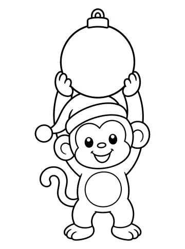 Lachend aapje met kerstmuts dat een grote kerstbal boven zijn hoofd houdt