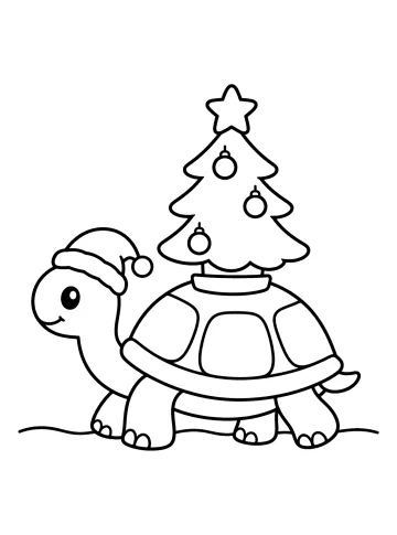 Coloring page of a turtle wearing a festive hat with a Christmas tree on its shell