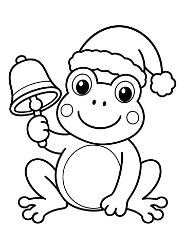 Rana sonriente con gorro de Navidad sosteniendo una gran campana