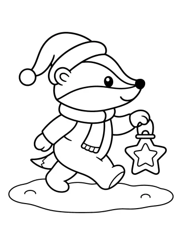 Blaireau de Noël avec bonnet, écharpe et lanterne en forme d'étoile dans la neige