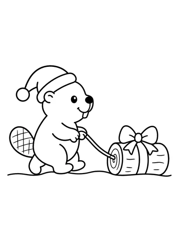 Castor con gorro navideño tirando de un tronco con lazo