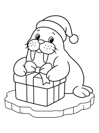 Tricheco con cappello di Natale e regalo disegno da colorare PDF gratis