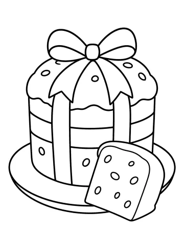 Coloriage d'un panettone avec grand nœud, ruban vertical et une tranche devant