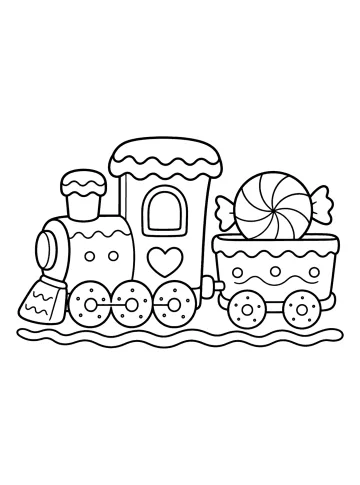 Disegno da colorare di un treno di pan di zenzero con glassa, cuore e grande caramella nel vagone.