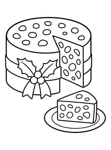 Dibujo de una tarta navideña de frutas con acebo, lazo y una porción en un plato