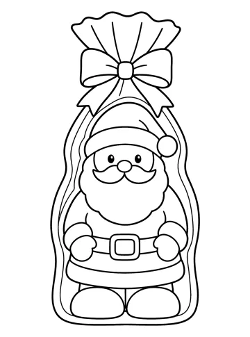 Ausmalbild eines Weihnachtsmanns in einer geformten Verpackung mit großer Schleife