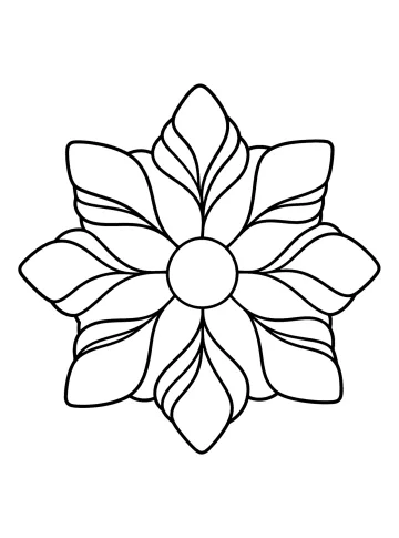 Kleurplaat van een grote bloem met zes brede bloemblaadjes en een rond hart