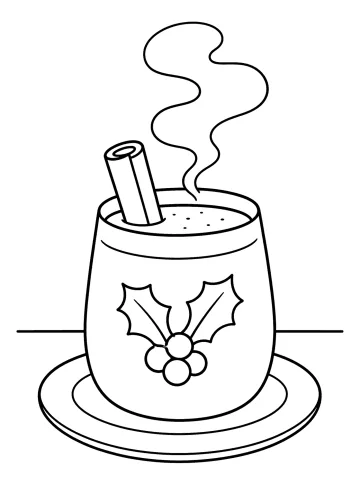 Dampfendes Weihnachtsgetränk im Glas auf einer Untertasse mit Zimtstange und Stechpalmenmotiv