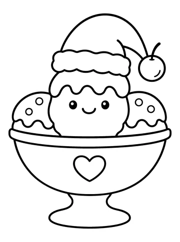 Dibujo para colorear de una copa de helado sonriente con nata, cereza y corazón