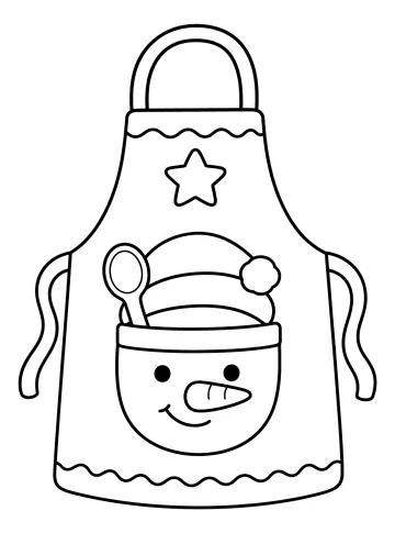 Desenho para colorir de um avental de Natal com bolso de boneco de neve, colher, estrela e laços laterais