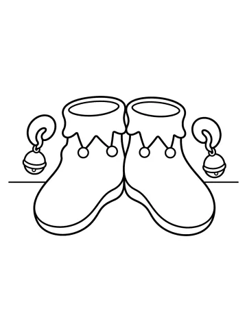 Dos botas navideñas de elfo juntas con puntas curvas, bordes suaves y cascabeles