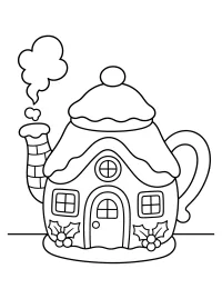 Théière de Noël en Forme de Maison dessin à colorier PDF gratuit