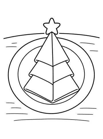 Servilleta doblada en forma de árbol de Navidad sobre un plato redondo con una estrella arriba