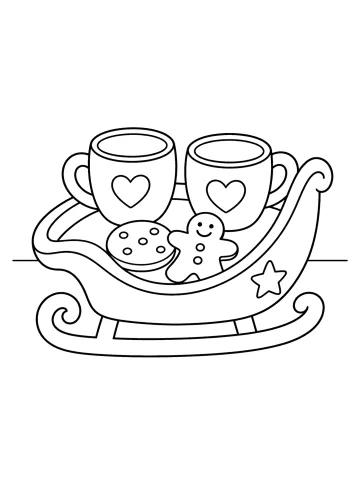 Trineo navideño con dos tazas con corazones, galletas, hombrecito de jengibre y estrella