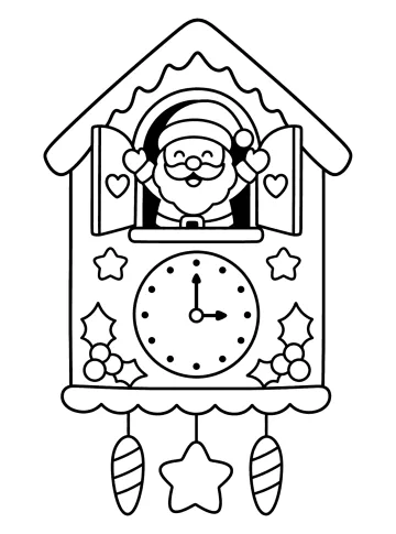 Dibujo para colorear de un reloj de Navidad con Papá Noel en una ventanita, estrellas, acebo y adornos colgantes