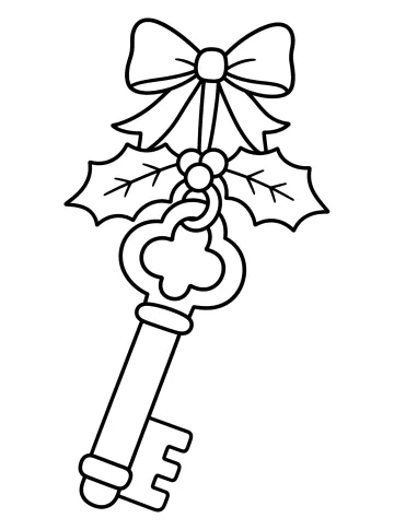Kleurplaat van een grote sleutel van de Kerstman met strik, hulstbladeren en bessen.