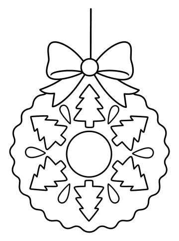Rosetón navideño con borde ondulado, lazo, abetos, hojas y agujero central