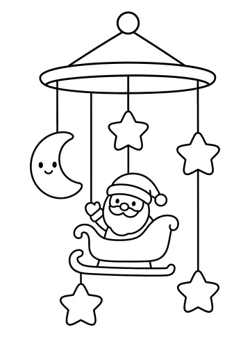 Mobile de Noël suspendu avec le Père Noël dans un traîneau, une lune souriante et des étoiles