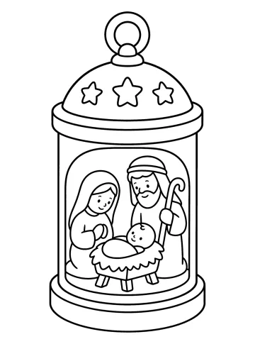 Linterna navideña cilíndrica con estrellas y una escena de la Natividad con María, José y el bebé en el pesebre