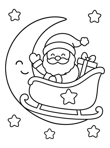 Babbo Natale sulla slitta con un regalo, sopra una luna e circondato da stelle