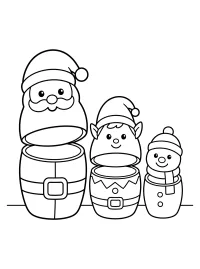 Weihnachtsmatroschkas mit Santa, Elf und Schneemann malvorlage kostenlos PDF